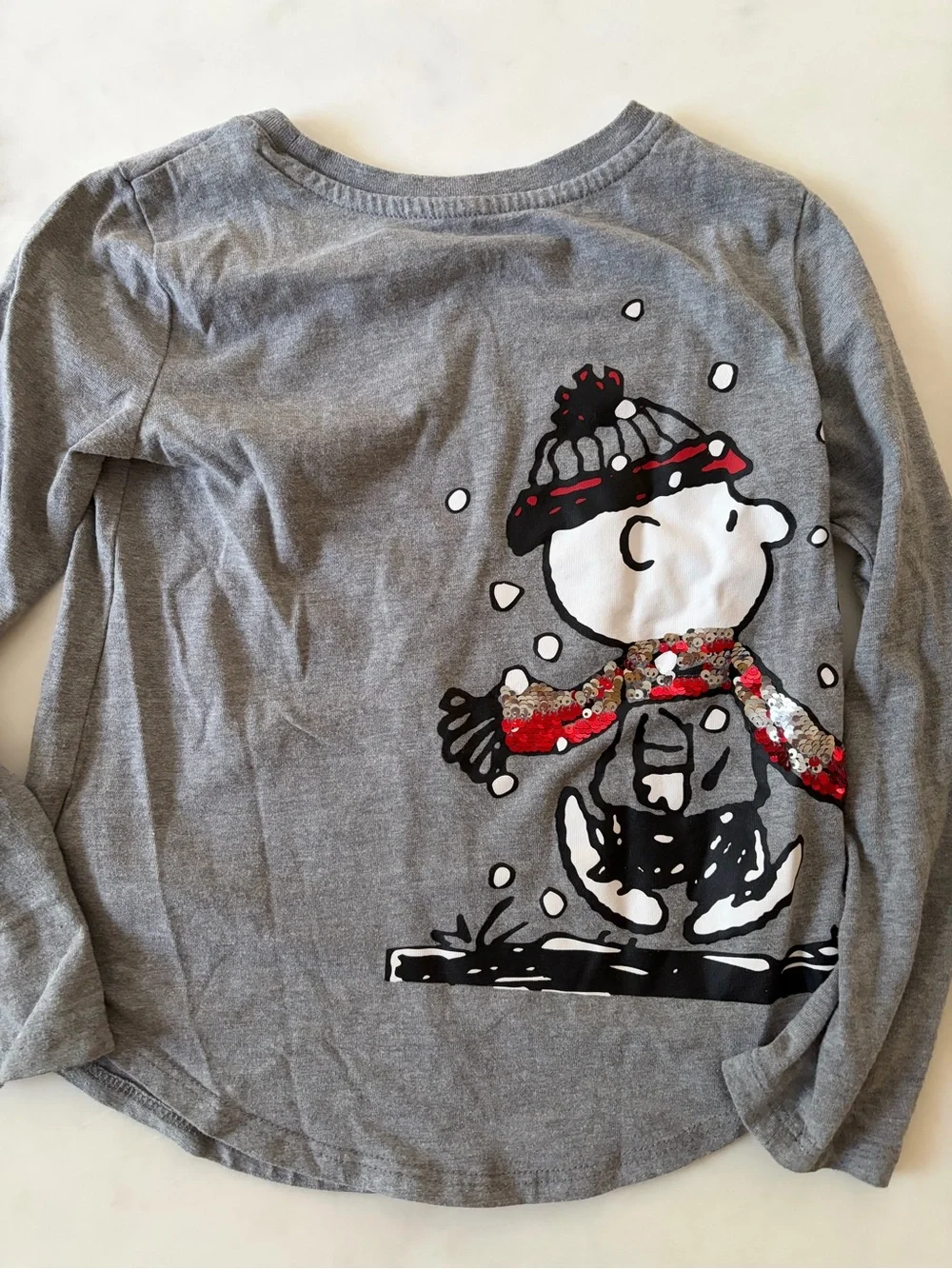 GAP Gray Snoopy Long-Sleeve Tee with Red Sequin Scarf